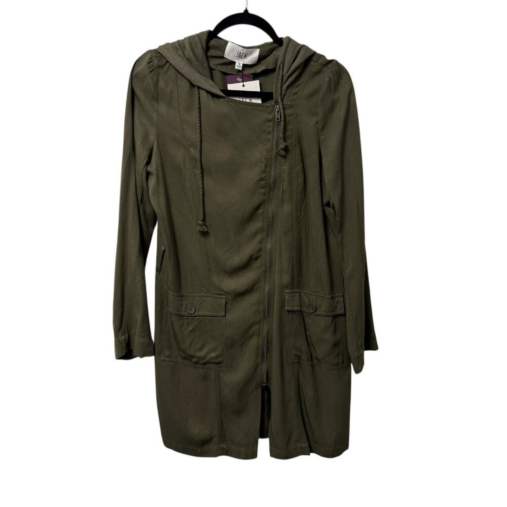 JACK LONG COAT ASYMETTRICAL ZIP SIZE S LIGHTWEIGHT GREEN CAPERS DELSOL JG30968